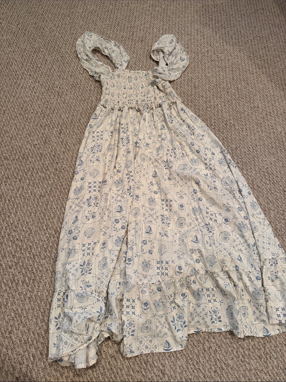 Rylee + Cru Cream and Blue Smocked Floral Sundress